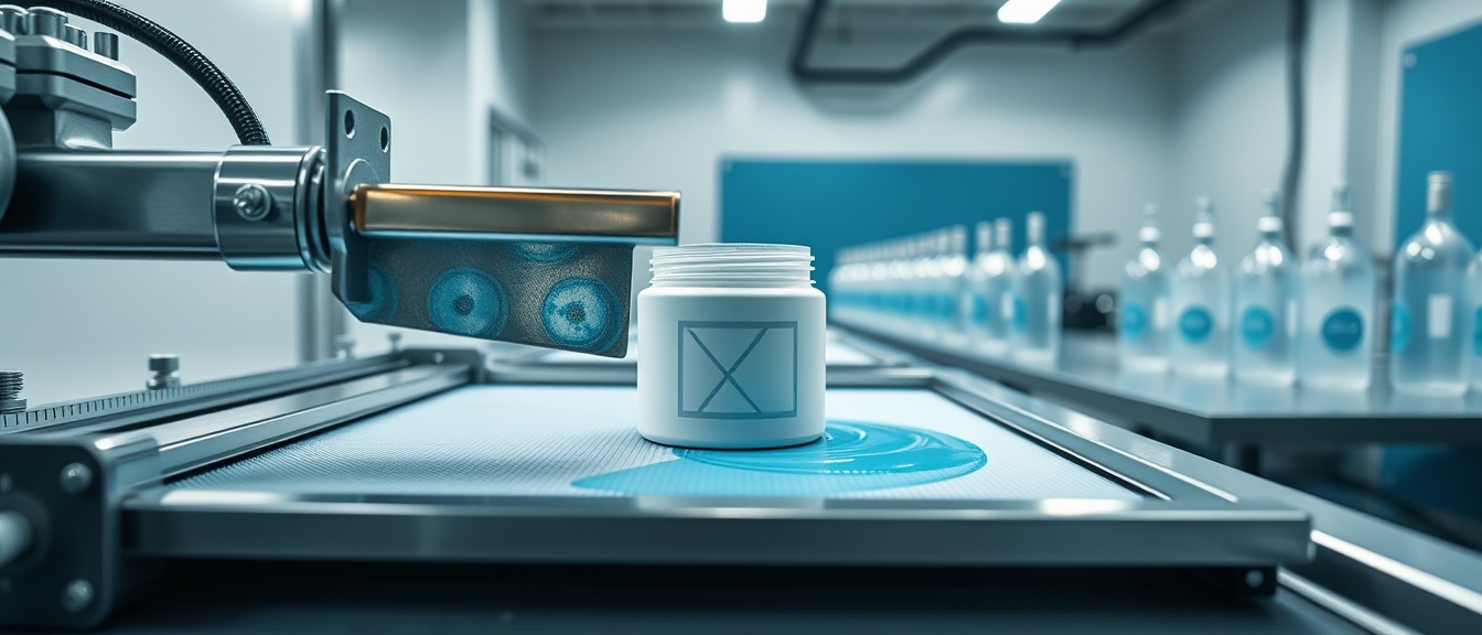 Squeegee pulling sky-blue screen ink across a fine mesh screen on a flat-bed screen press, printing a pattern onto a rigid white cosmetic jar.