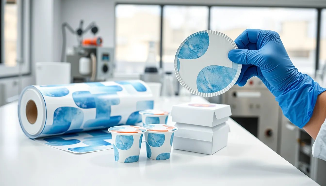 Printed aluminium dairy lidding foil, sealed PET yoghurt cups and folding cartons on a white laboratory bench, one foil lid held up in gloved hands.