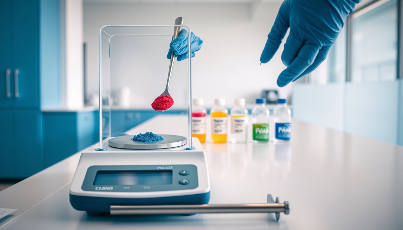 Gloved laboratory hands weighing cyan pigment powder on an analytical balance beside jars of raw-material samples in a bright ink laboratory