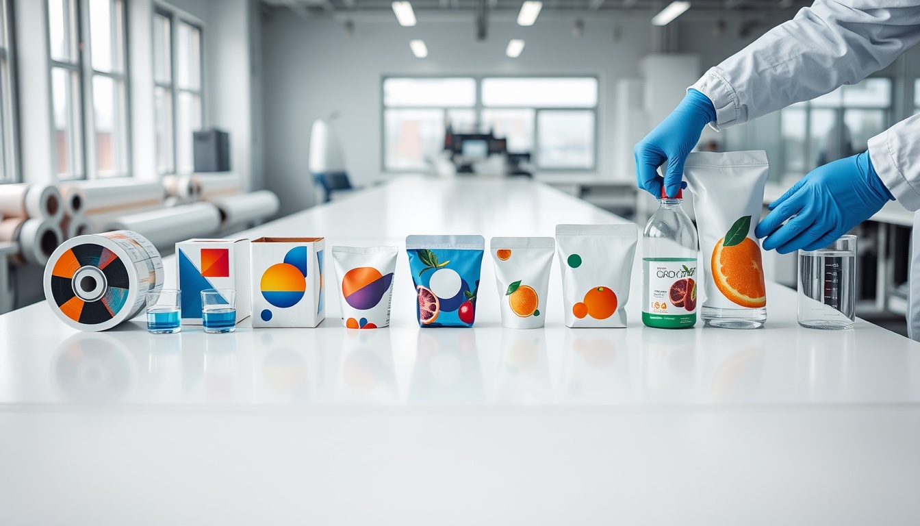 A row of printed packaging samples - label reels, cartons, a pouch, paper cups, a laminated tube and a shrink-sleeved bottle - laid out on a laboratory bench beside beakers of ink