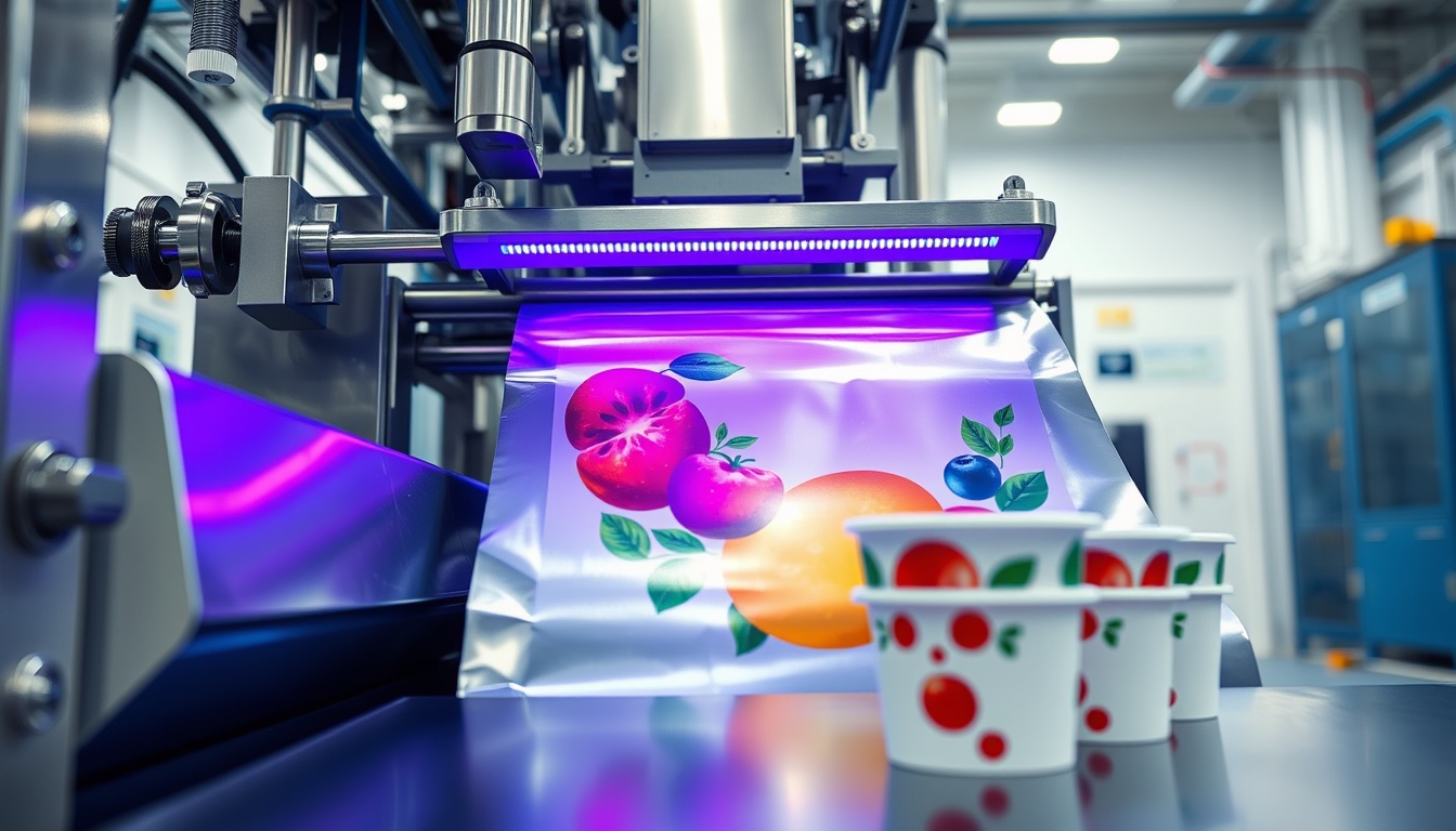 LED-UV curing lamp glowing over a web of printed aluminium yoghurt lidding foil, with in-mould-labelled polypropylene dairy cups in the foreground