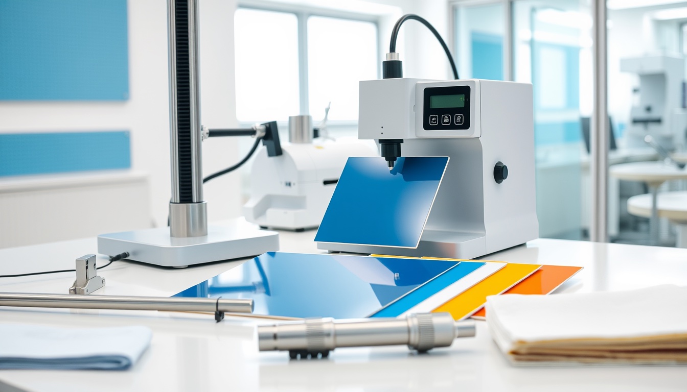 Gloved hands placing a glossy UV-coated carton panel under a benchtop gloss meter, beside a rub-resistance tester and a row of cured coated sample panels