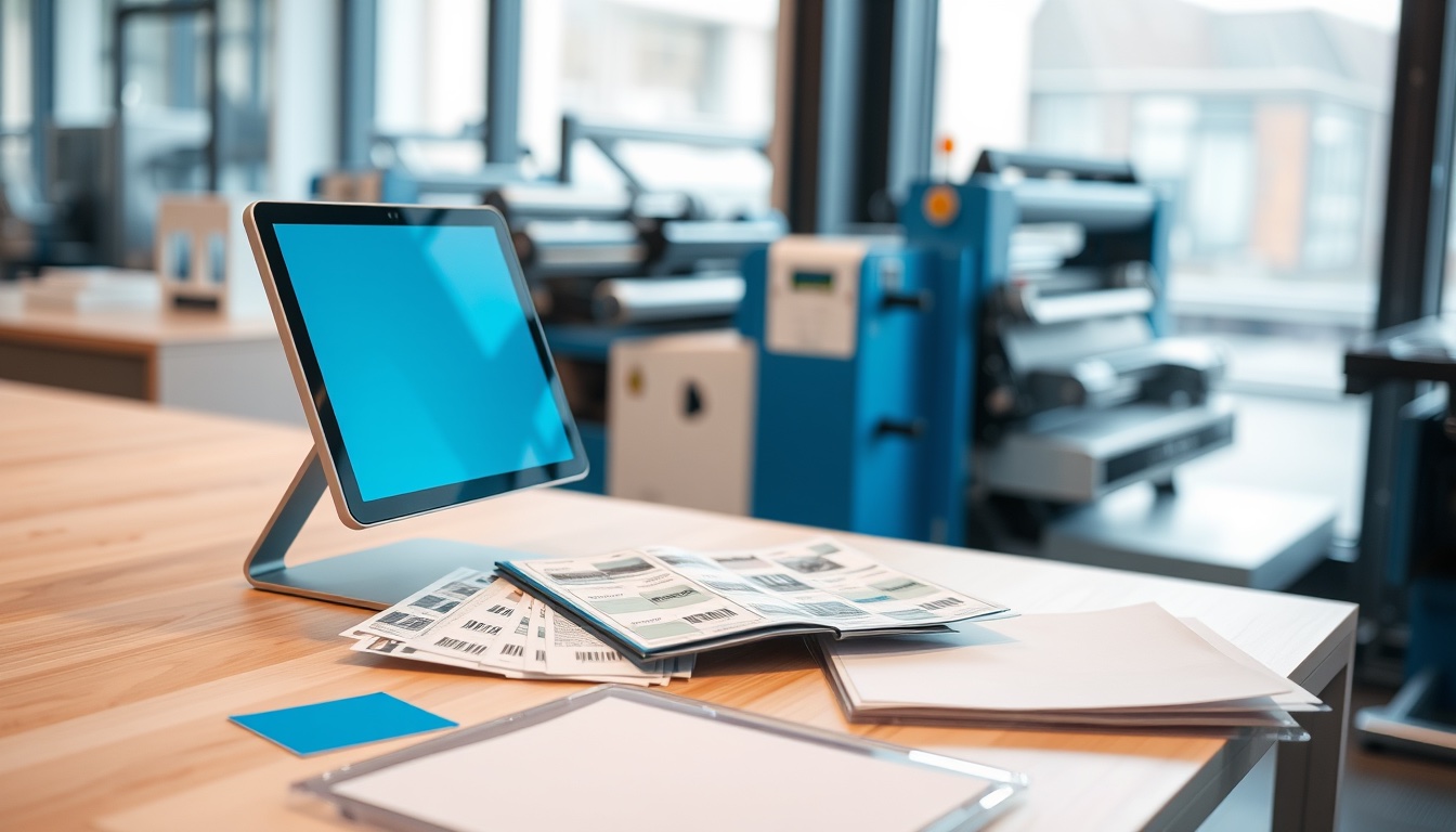 A tablet and laptop on a technical-service desk beside the press room, showing an abstract blue-and-white page layout next to printed label samples