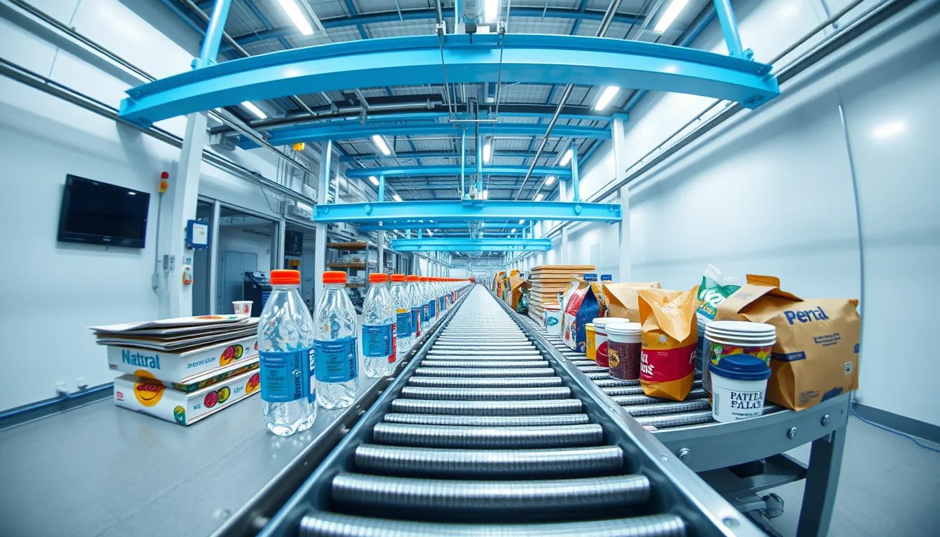 Near-infrared optical sorter casting a bar of blue light across a conveyor of sleeved PET bottles, with air jets ejecting one bottle into a chute