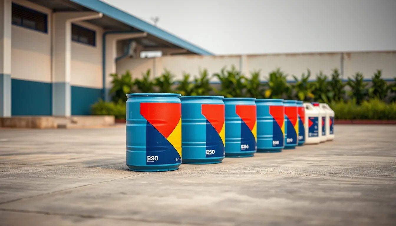 Row of unbranded blue chemical drums and white jerry cans outdoors in bright sunlight, each carrying a vivid glossy printed self-adhesive label.