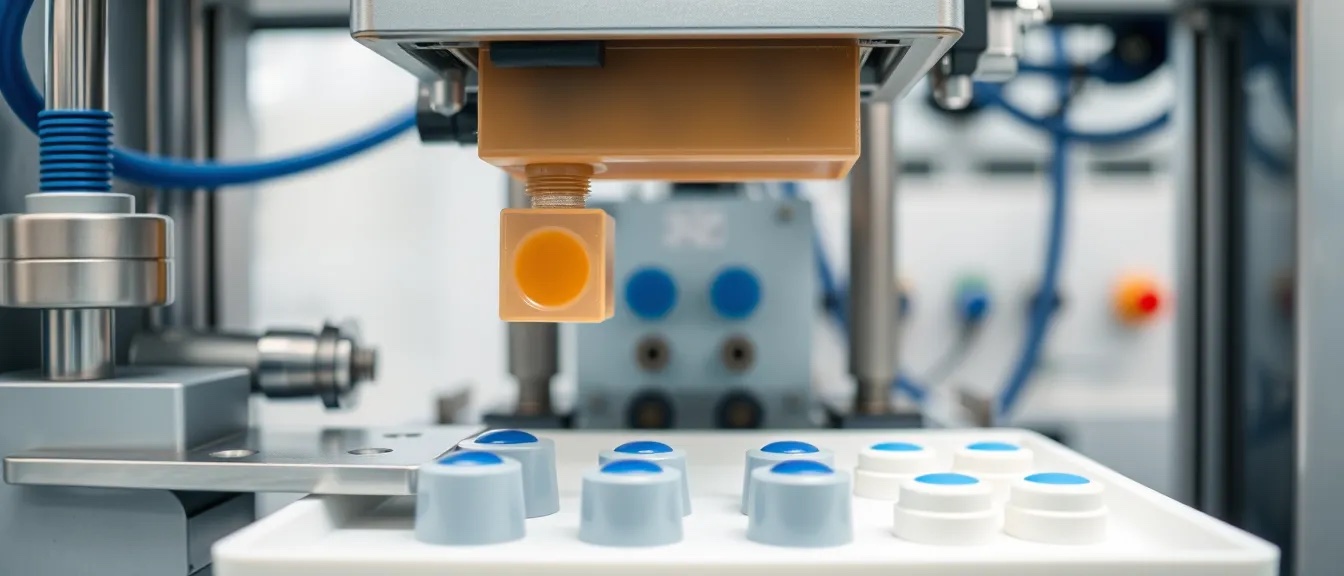 Silicone transfer pad of a pad printing machine lowering onto a small white moulded plastic closure, with the sealed ink cup and etched steel plate beside it and decorated parts in the background.