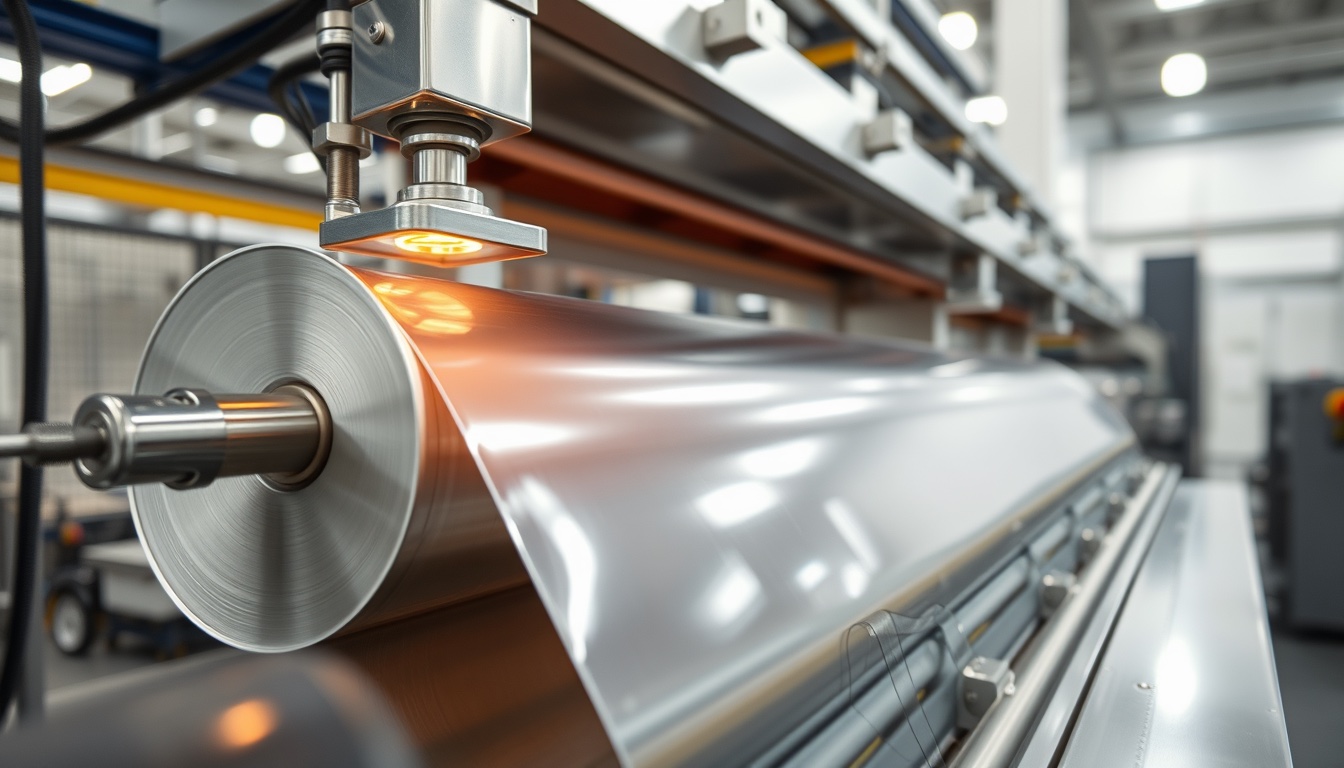 A coating head applying a clear heat-seal lacquer to a running web of lidding foil