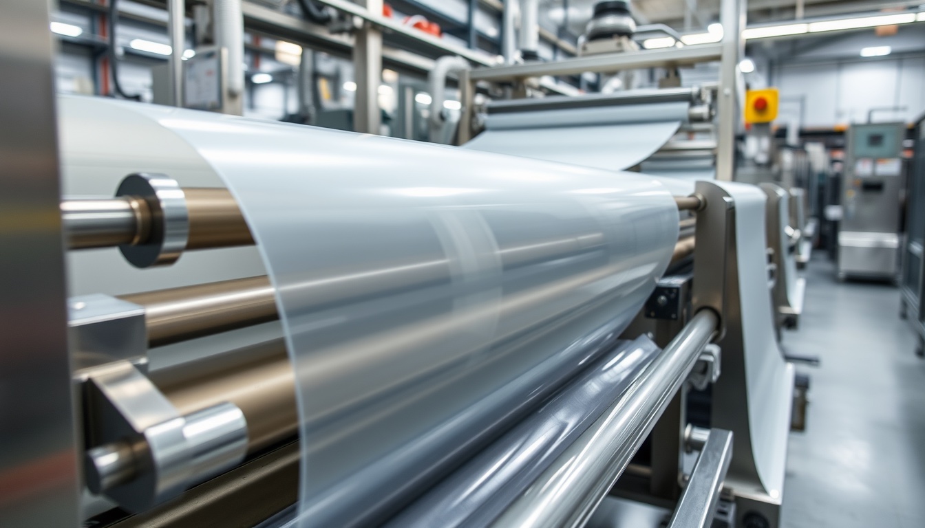 A water-based primer being coated onto a running web of clear polypropylene film