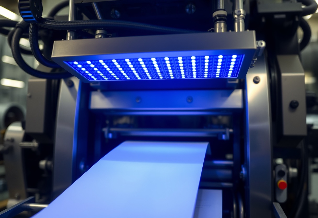 Unimax 400 UV LED offset ink curing under an LED lamp on a sheetfed press