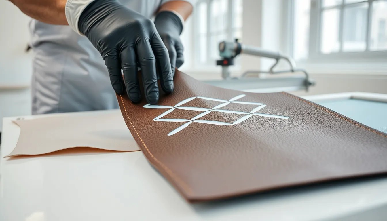 Gloved hands flexing a dark brown leather panel printed with a crisp white and blue geometric pattern, with a printed synthetic leather sheet and a mesh screen frame behind.