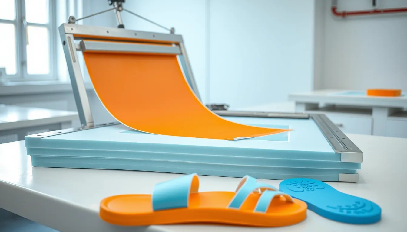 Mesh screen lowered over a thick EVA foam sheet while a squeegee pulls orange ink across it, with printed foam sheets and moulded polyurethane foam soles stacked beside the press.