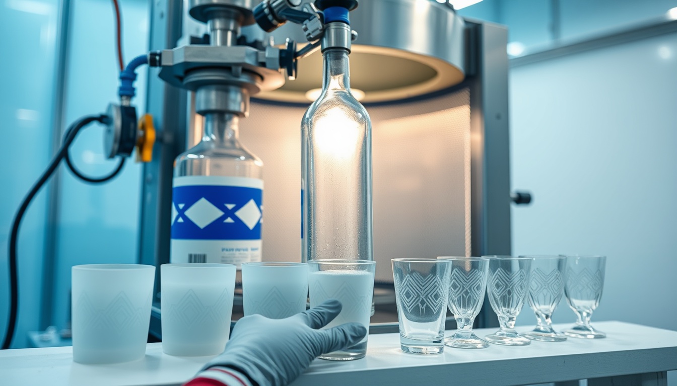 Clear glass bottle rotating on a cylindrical screen printing machine while a squeegee lays opaque white and blue ink onto the curved glass, with finished printed jars and tumblers on a white bench.