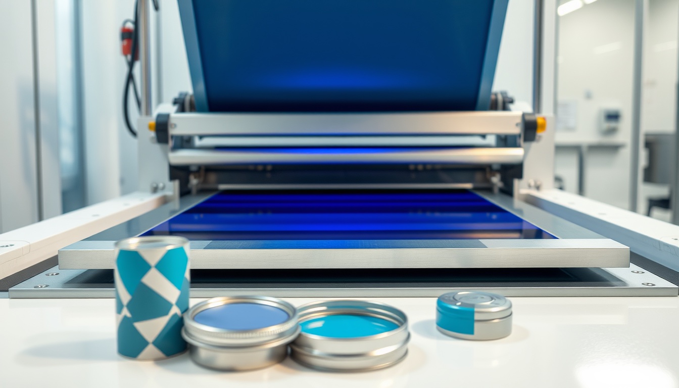 Squeegee printing deep blue ink onto a brushed aluminium panel on a flat-bed screen press, with printed aluminium cosmetic tubes and a tinplate lid in the foreground and a UV LED curing unit glowing behind.