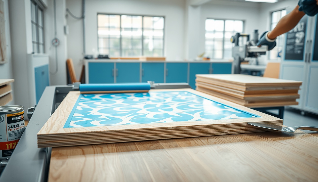 Squeegee pulling glossy blue two-pack ink across a mesh screen onto a primed light oak panel, with a finished high-gloss printed wood panel and a stack of primed plywood boards beside it.