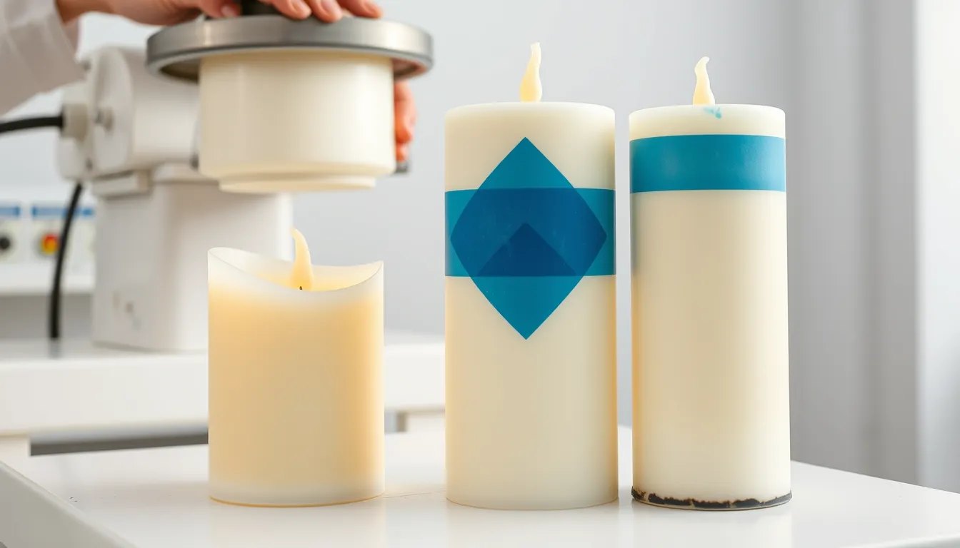Ivory pillar candle rotating on a screen printing mandrel while a squeegee lays a blue geometric band onto the wax, with finished printed candles beside it and one of them lit.