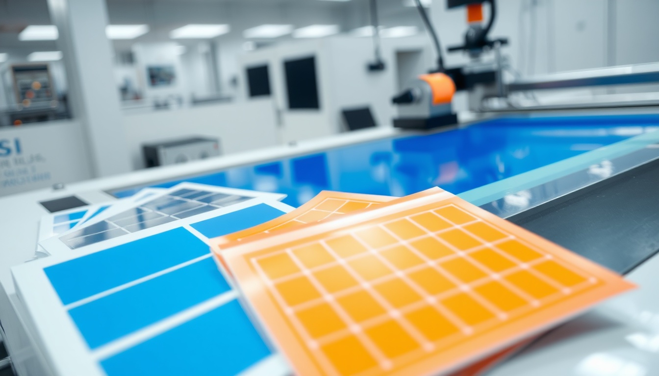Flat-bed screen press printing deep blue ink onto a clear polycarbonate control-panel overlay, with printed PET-G sticker sheets and a moulded ABS housing in front.