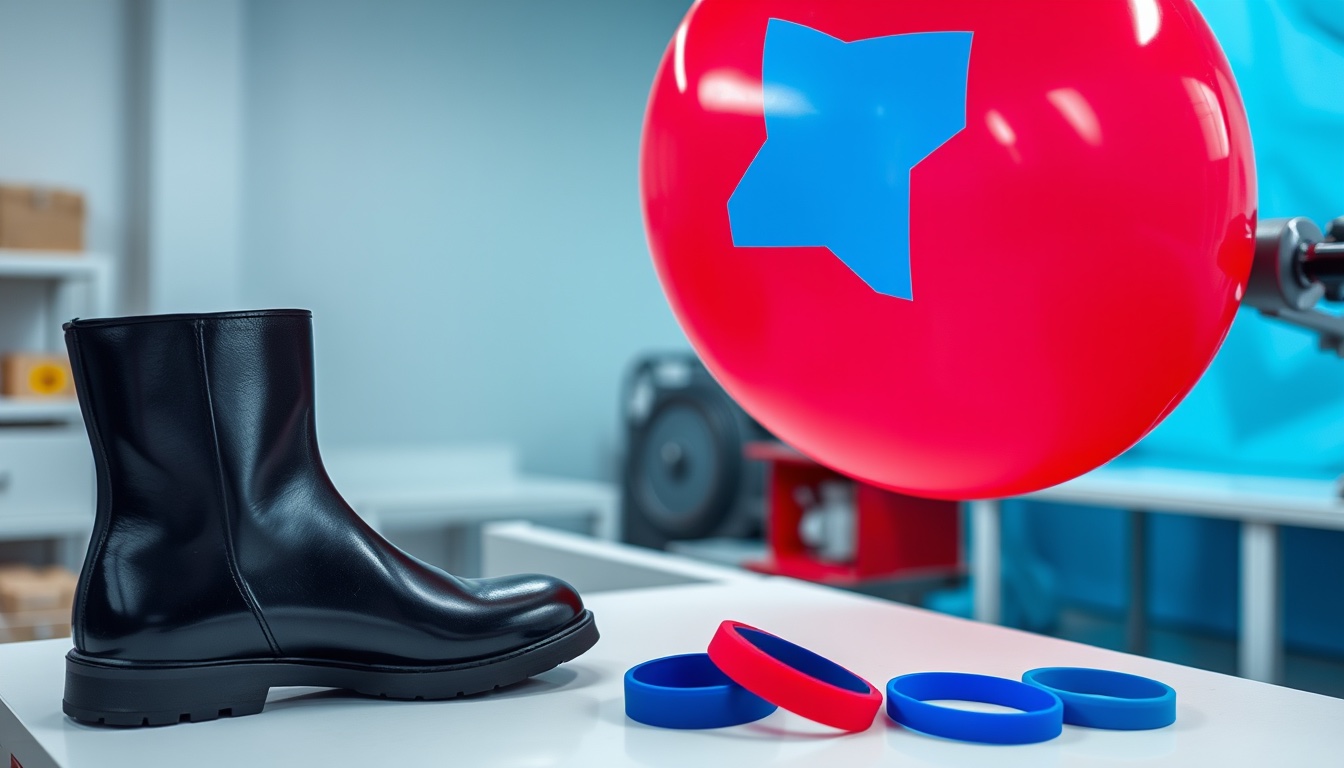 Inflated latex balloon on a rotating mandrel being screen printed with a blue geometric shape, with a printed rubber boot, a mud flap and plain silicone wristbands on a white bench.