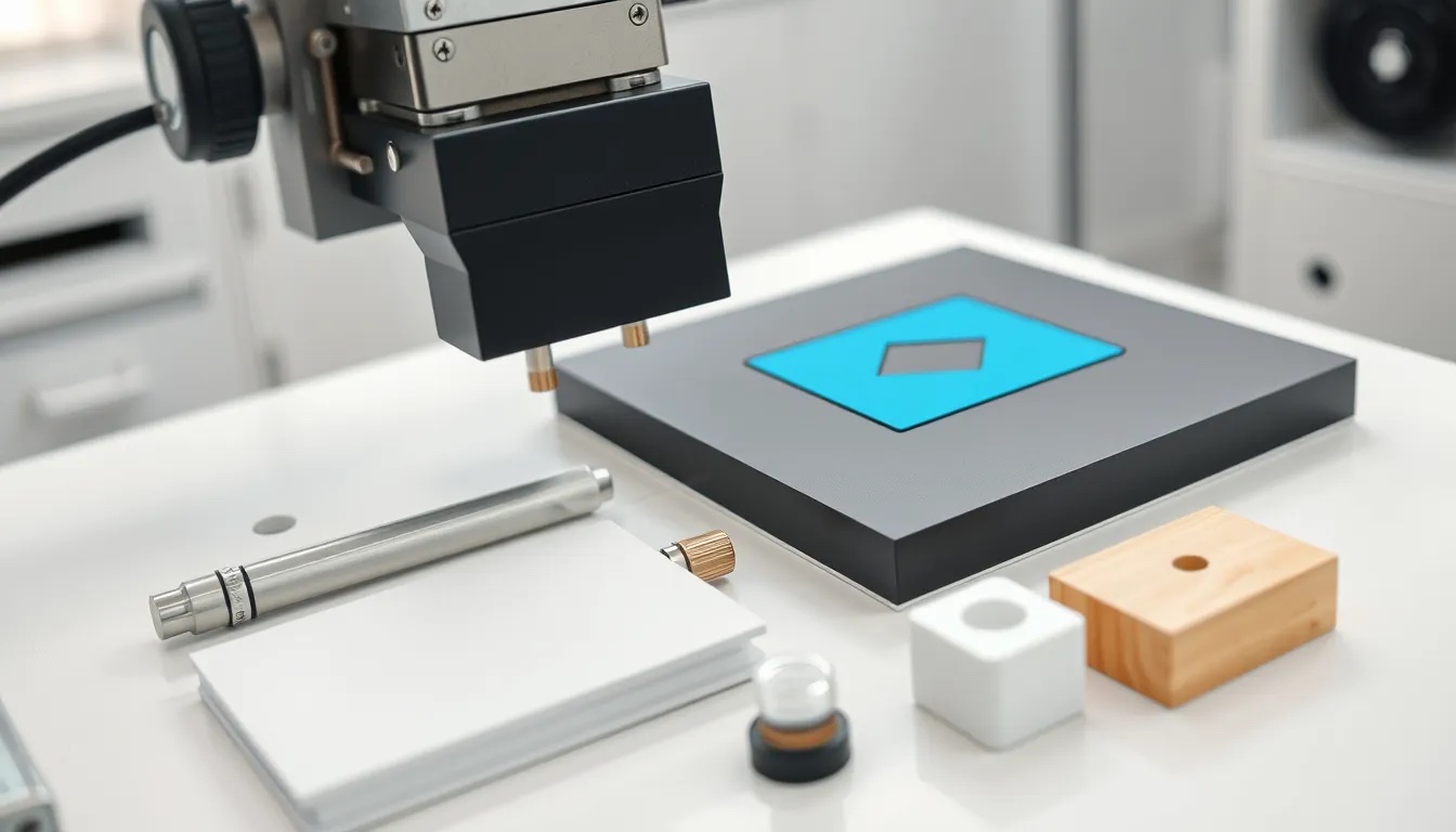 Pad printing head pressing a blue mark onto a matte black ABS housing, with a lacquered pen barrel, white PVC card, polycarbonate knob and wooden block already printed on the bench beside it.