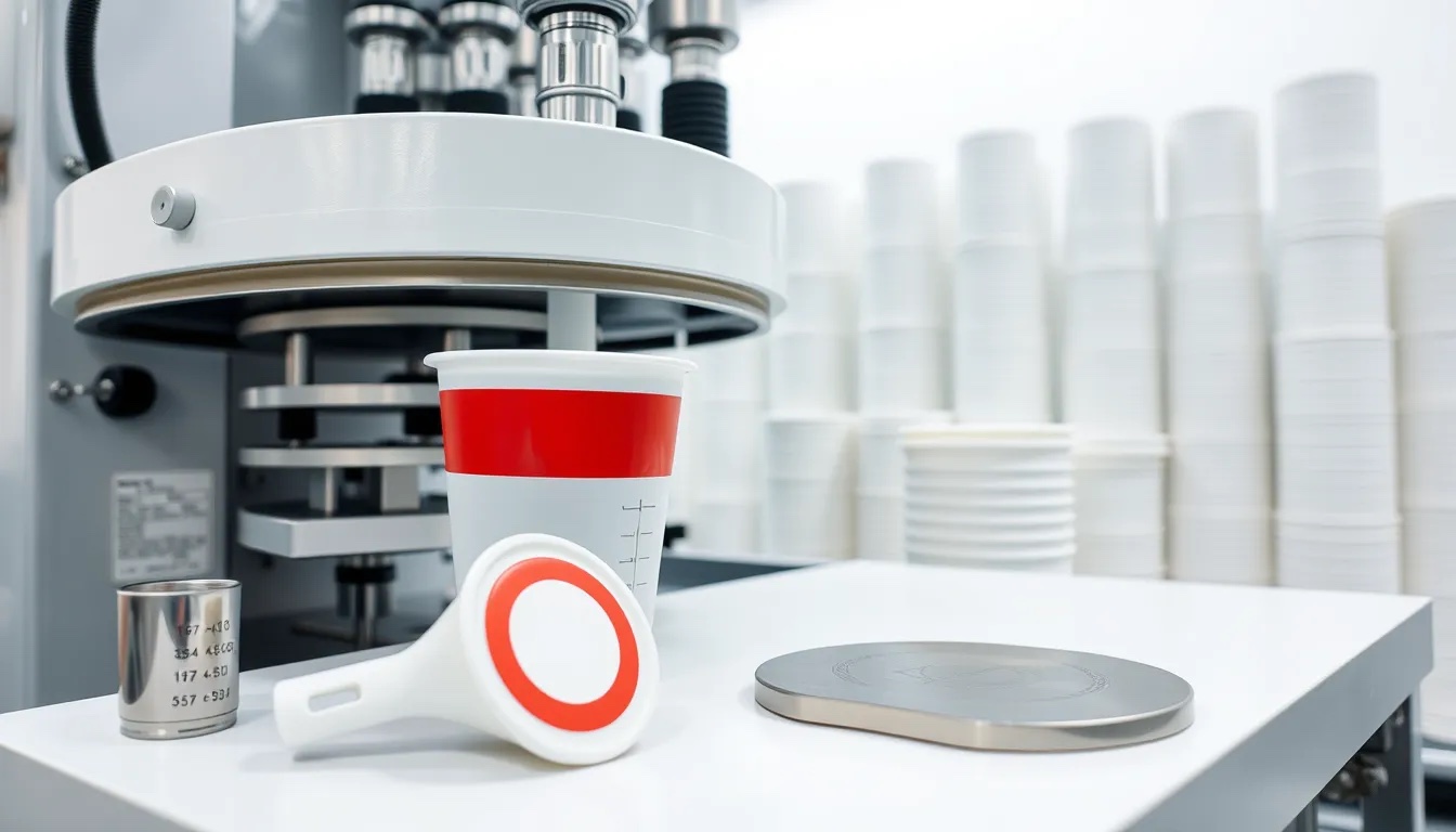 Silicone pad pressing a solid colour band onto the wall of a translucent polypropylene stadium cup on a rotating carousel fixture, with a printed measuring cup and flying disc on the bench.