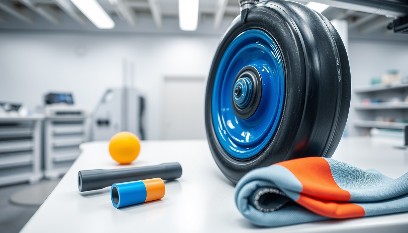 Silicone pad pressing a glossy blue motif onto the black rubber of a skateboard wheel, with a printed foam stress ball, soft-touch handle and stretched sportswear fabric on the bench.