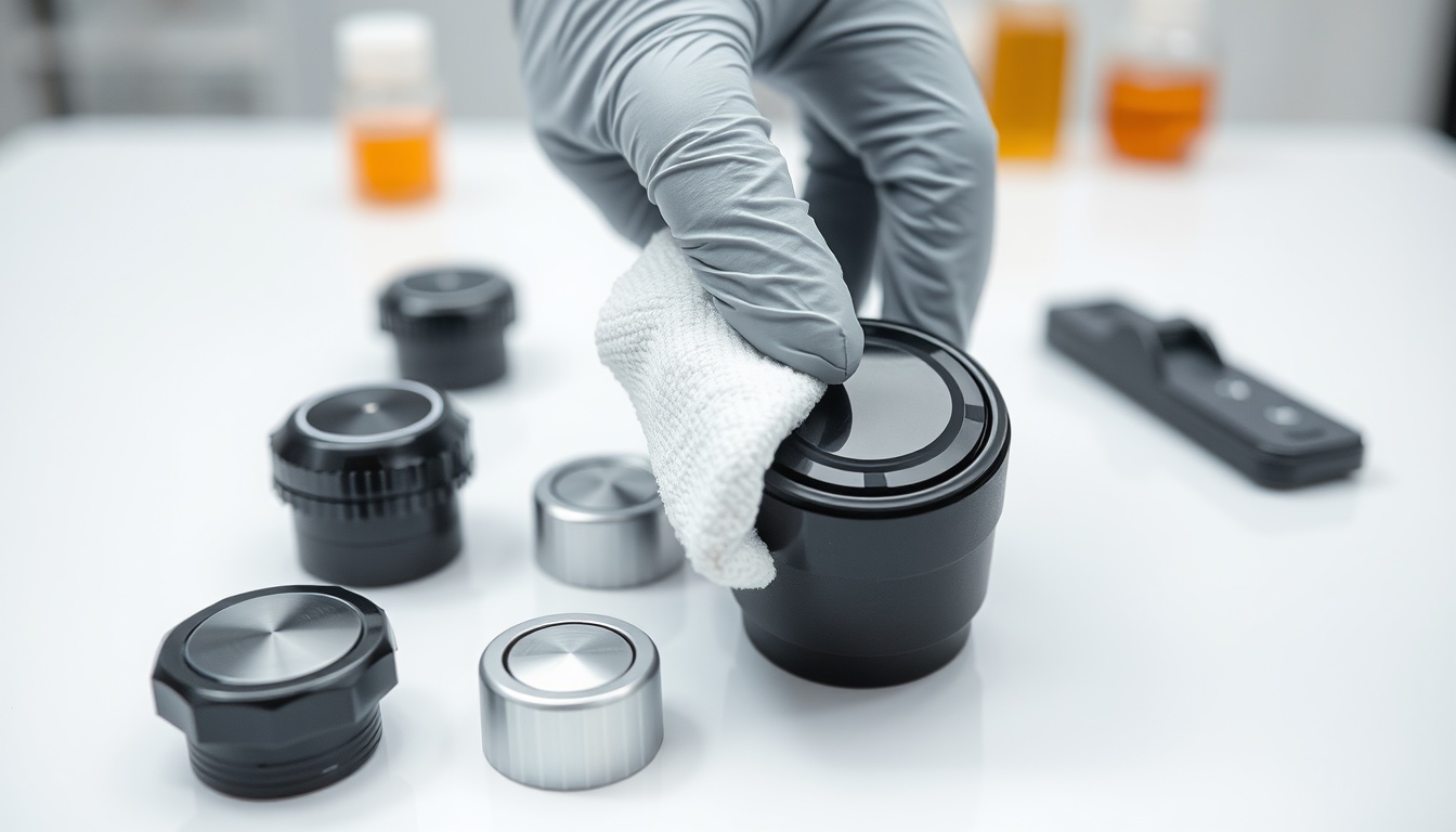 Gloved hand rubbing a solvent-soaked cotton pad over the printed surface of a black automotive control knob on a laboratory bench, with a helmet shell section, metal cap and switch panel tested beside it.