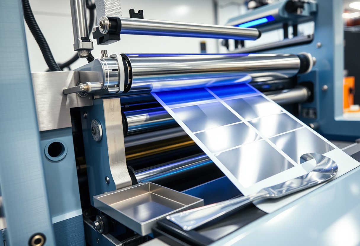 Cold-foil station on a narrow-web label press where clear UV primer bonds silver transfer foil to a printed label web under a violet curing lamp