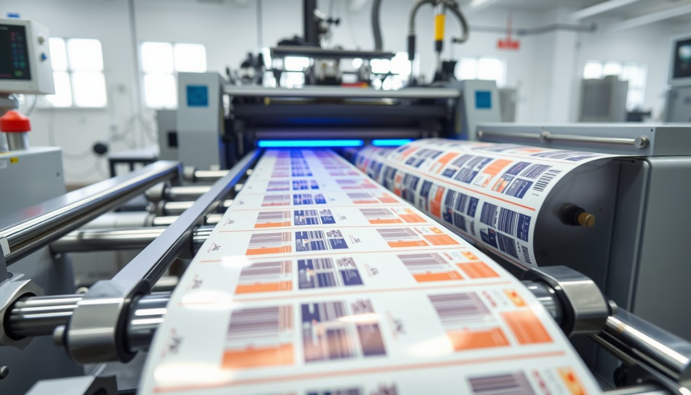 Narrow-web UV flexo label press printing a web of colourful self-adhesive labels under a violet LED curing unit