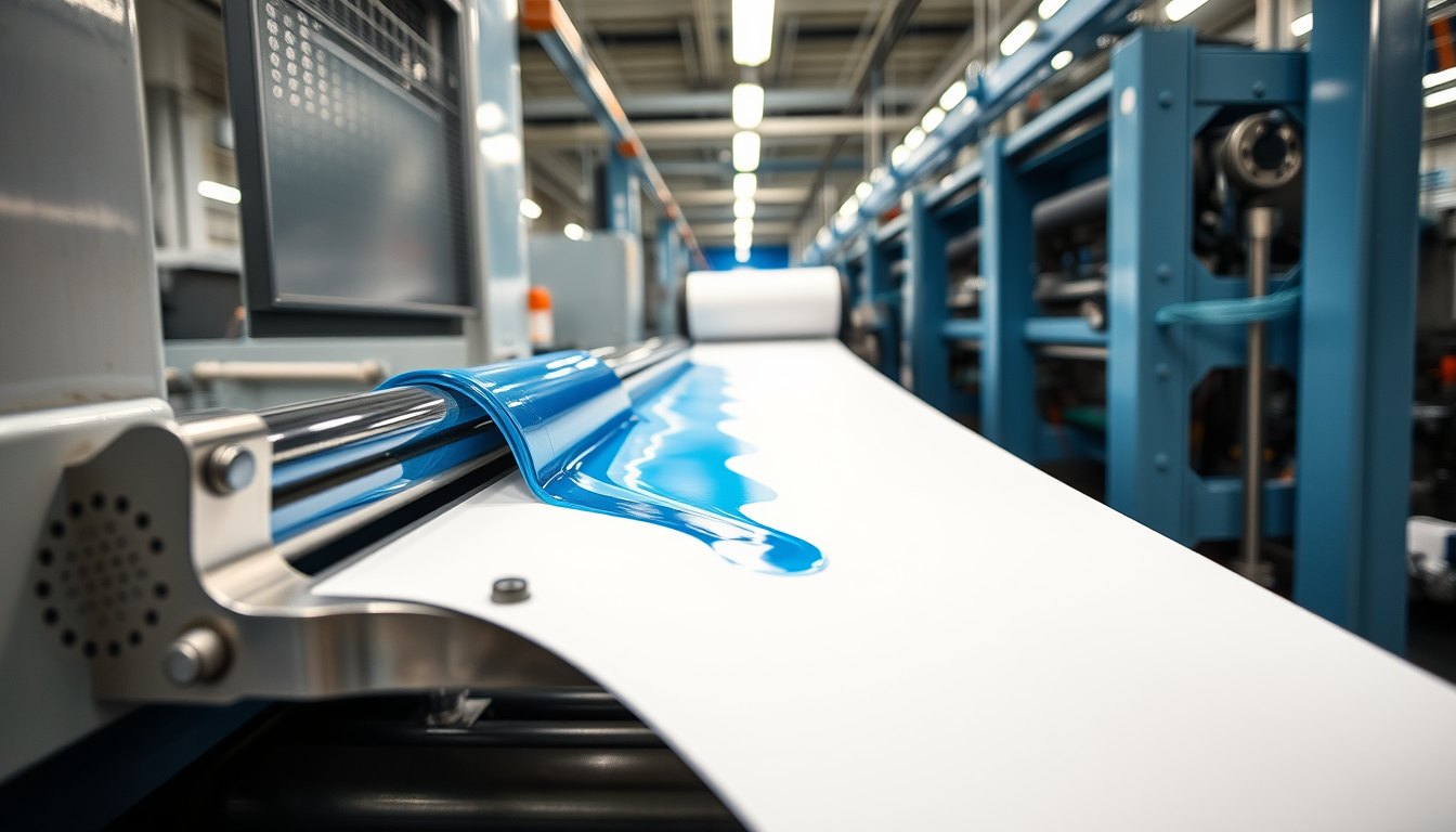 Anilox roller and photopolymer plate cylinder of a wide-web flexographic press transferring blue water-based ink onto a white paperboard web