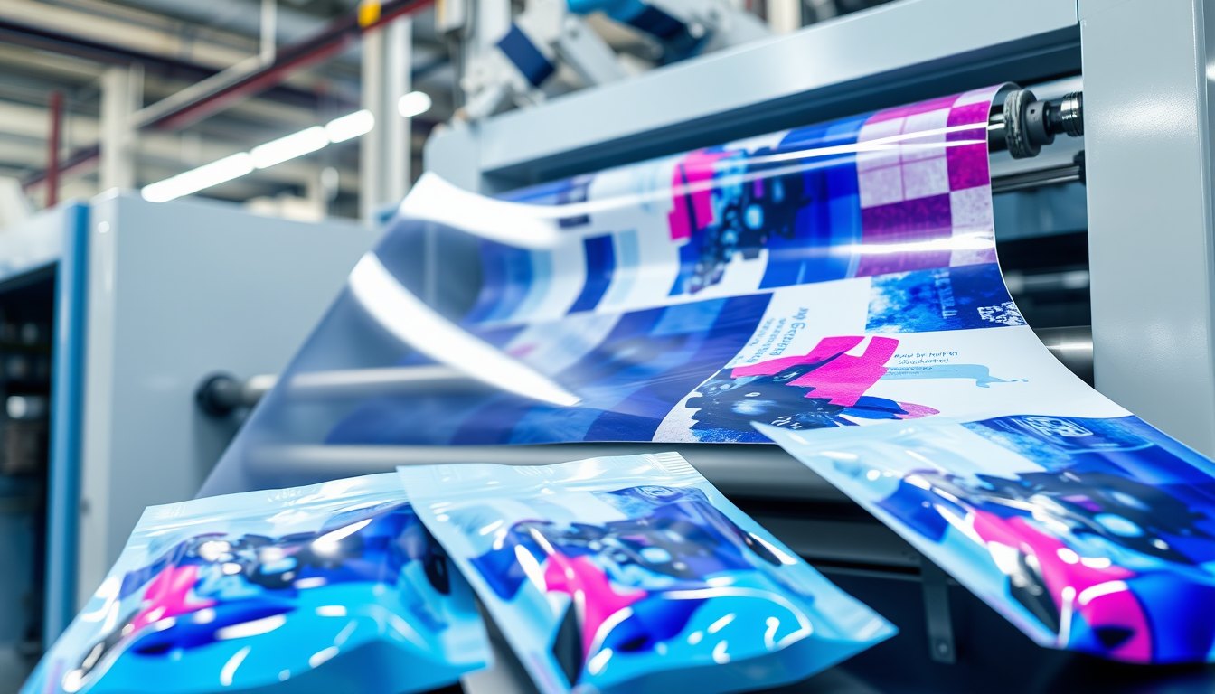 Transparent packaging film printed with dense blue and magenta ink running over a chrome roller into a hot-air impingement dryer on a gravure press